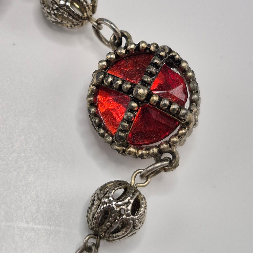 Vintage Medieval Victorian Style Bracelet Silver-tone and Red Stone Toggle Close - Picture 9 of 16